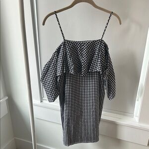 Amanda Uprichard Navy and White Gingham Off-Shoulder Dress S